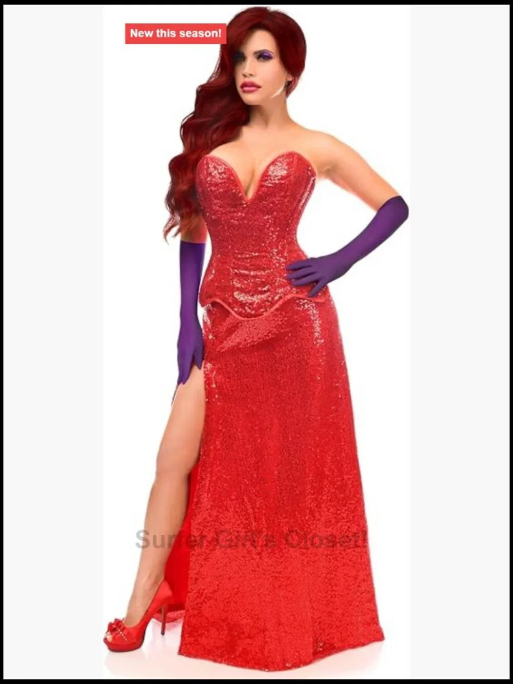 Sexy Steel Boned Corset Costume 3 Piece with Sequin Skirt & Gloves